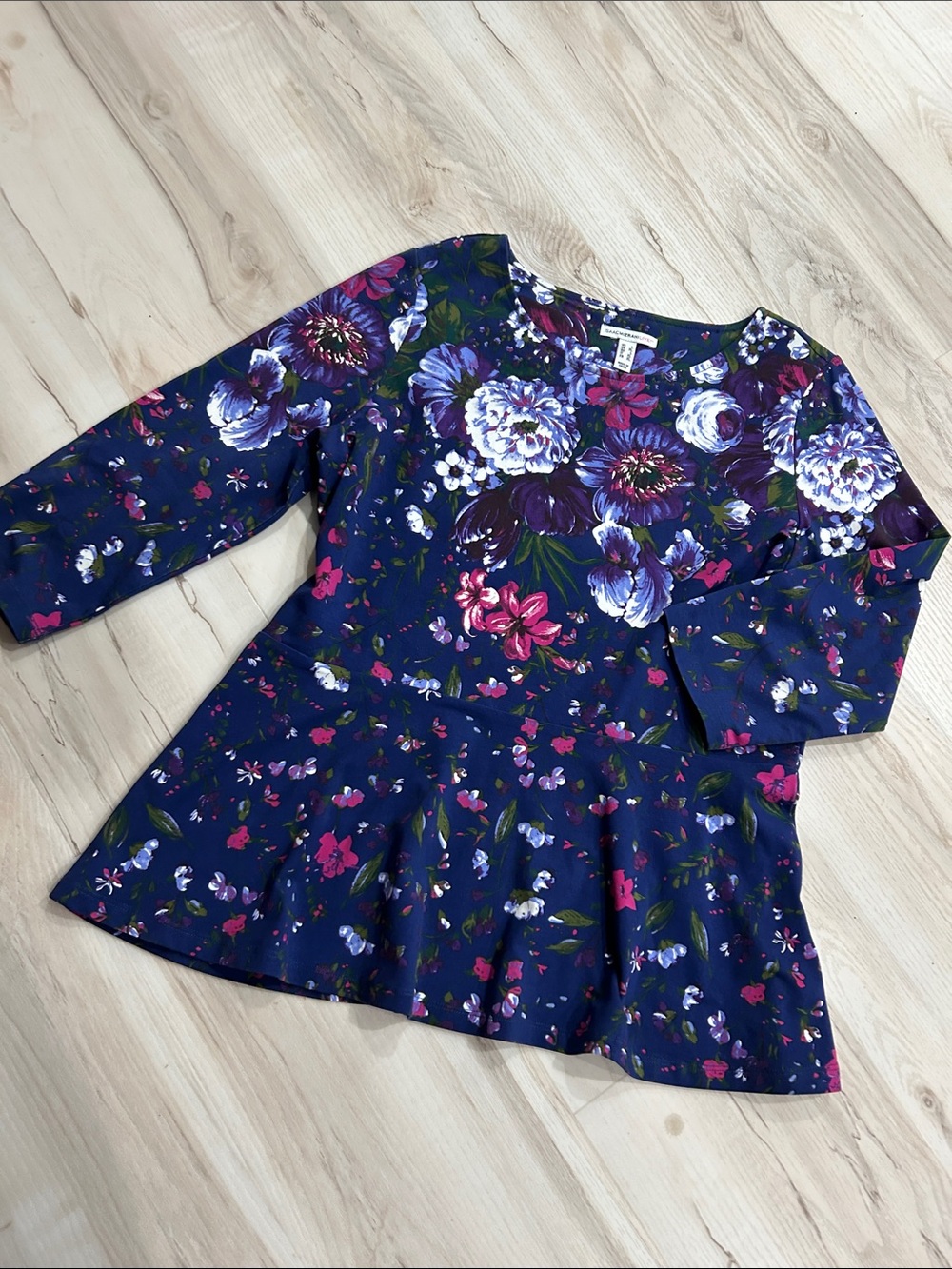 Isaac Mizrahi Navy Floral Peplum Long Sleeve Top